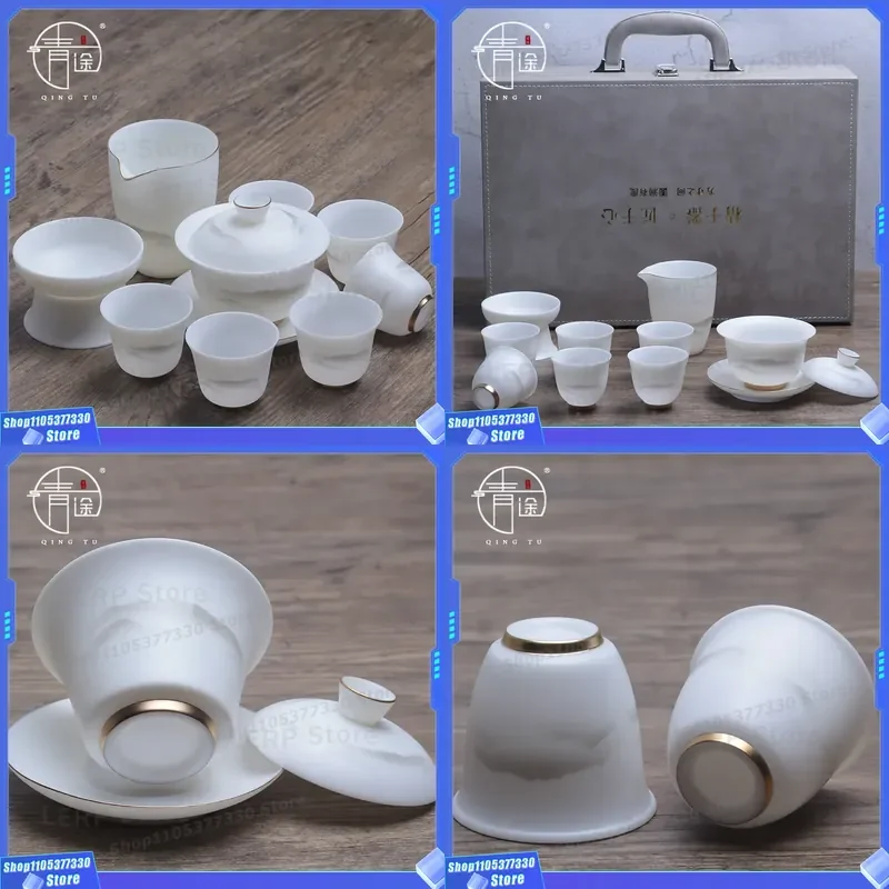 Simple White Porcelain Kung Fu Tea Set Light Luxury Plain Fired Cover Bowl Teacup Household Brewer Suet Jade Style Gift