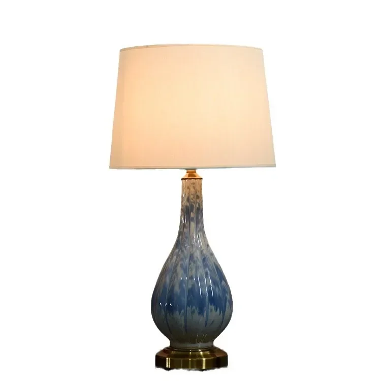 Lámpara de mesa de cambio de horno de cerámica, lámpara de noche para dormitorio, sala de estar, pantalla de tela, lámpara ornamental para hotel