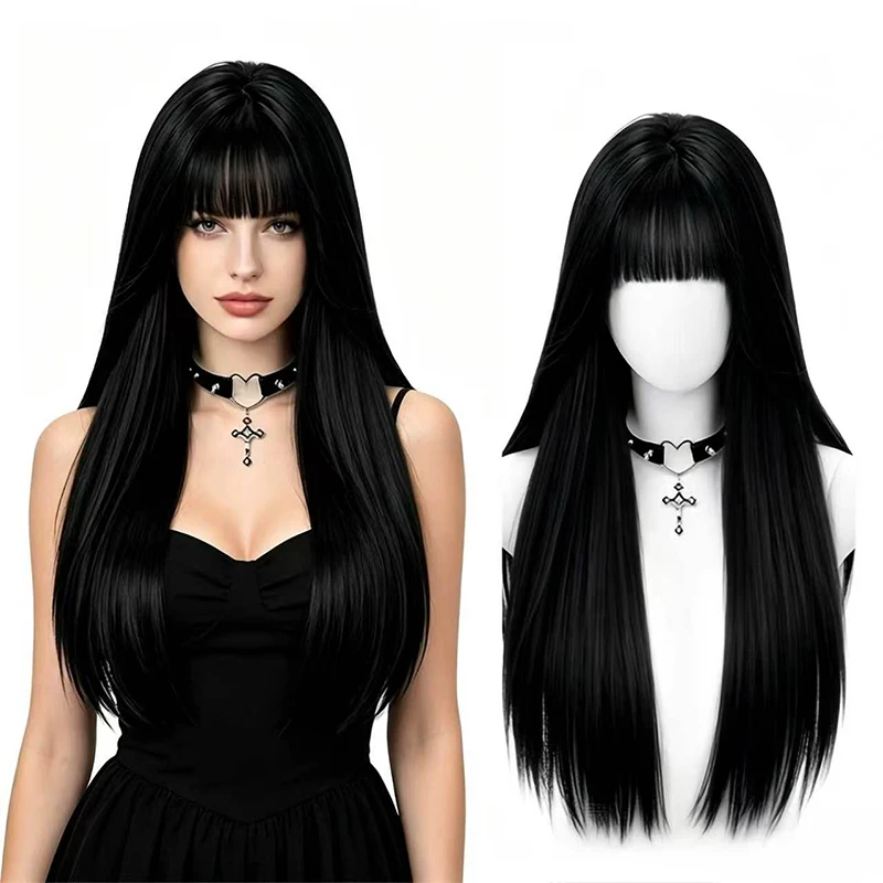 Women’s 28-inch black synthetic wig with soft, smooth fringe; suitable for everyday wear; suitable for all women