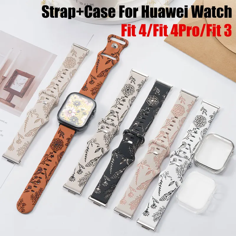 Drucke Design Armband + Hülle für Huawei Watch Fit 4 / Watch Fit 4 Pro Protector TPU Hülle Sport Blumenarmband für Huawei Fit 3 Armbänder