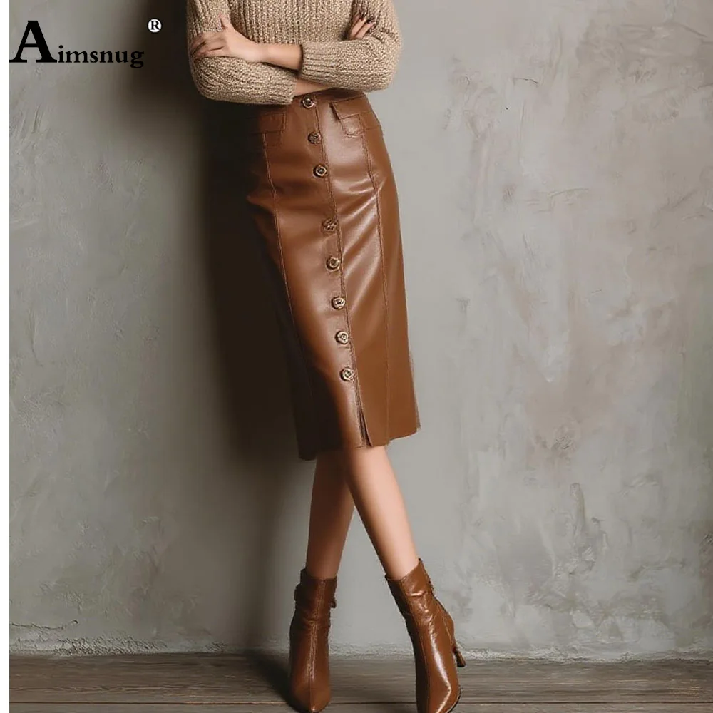 Aimsnug 2026 High Split Faux Pu Leather Skirts Womens Sexy Night Club Dance Party Skirts Bodycon Female Mid-calf Bottoms New
