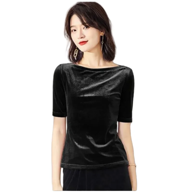 Camiseta de terciopelo de media manga con cuello oblicuo de estilo coreano para mujer de verano y otoño, camisa de terciopelo de talla grande para oficina para mujer