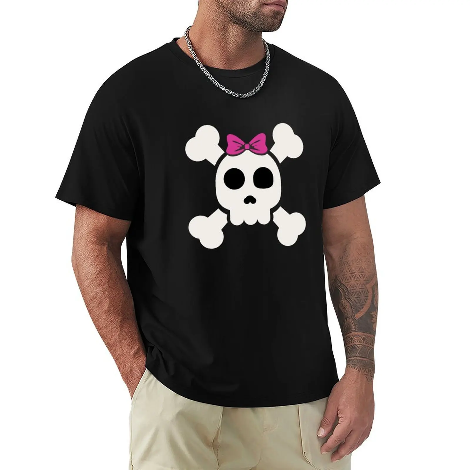 

Cute Skull and Crossbones with Pink Bow T-Shirt vintage clothes plain custom shirt Men's cotton t-shirt