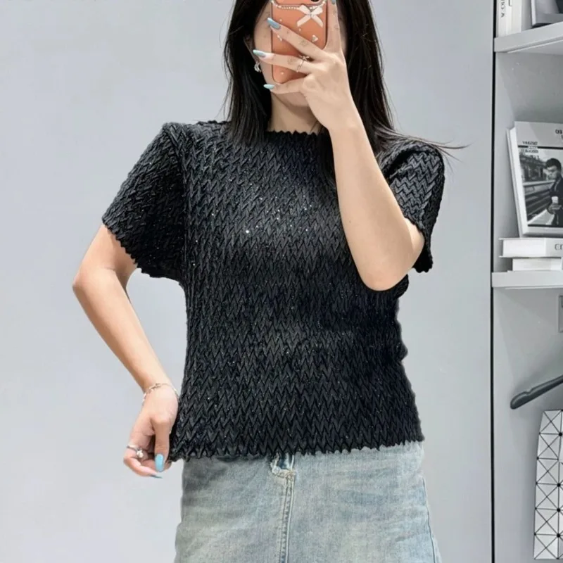 Miyake Pleated T-Shirt 2026 Summer New Fashion Versatile Casual Handmade Fine Glitter Top Women's Gentle Fashion Simple Clothing