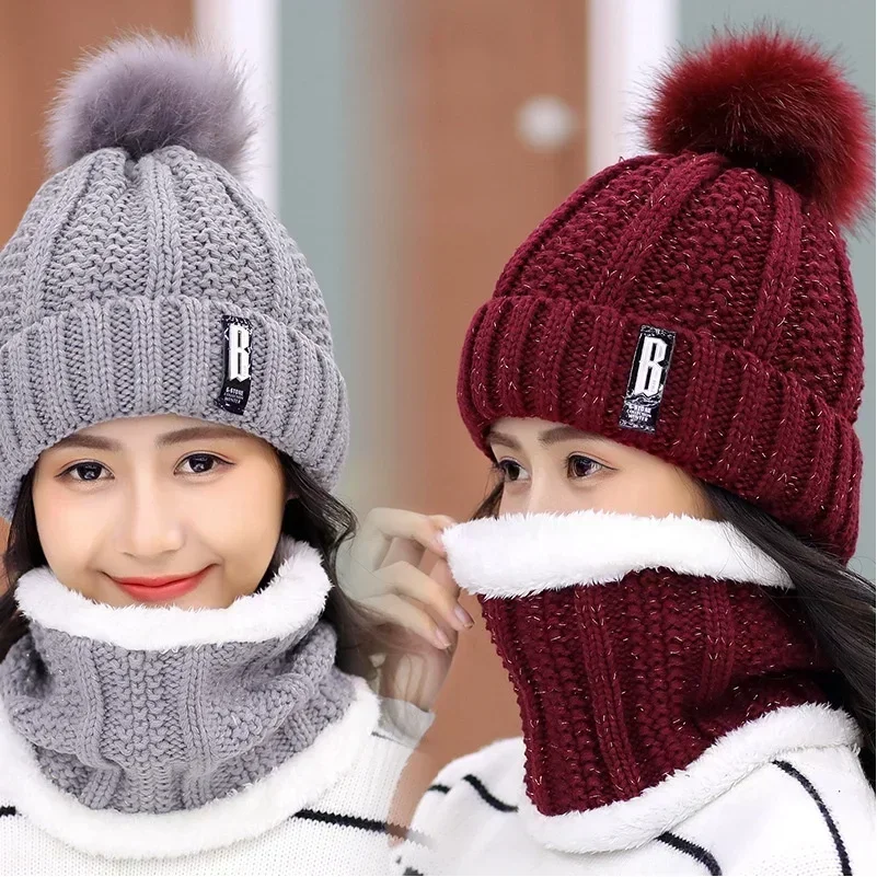 New 2 Pieces Set Women's Knitted Hat Scarf Caps Neck Warmer Winter Hat for Ladies Girls Skullies Beanies Warm Fleece Caps