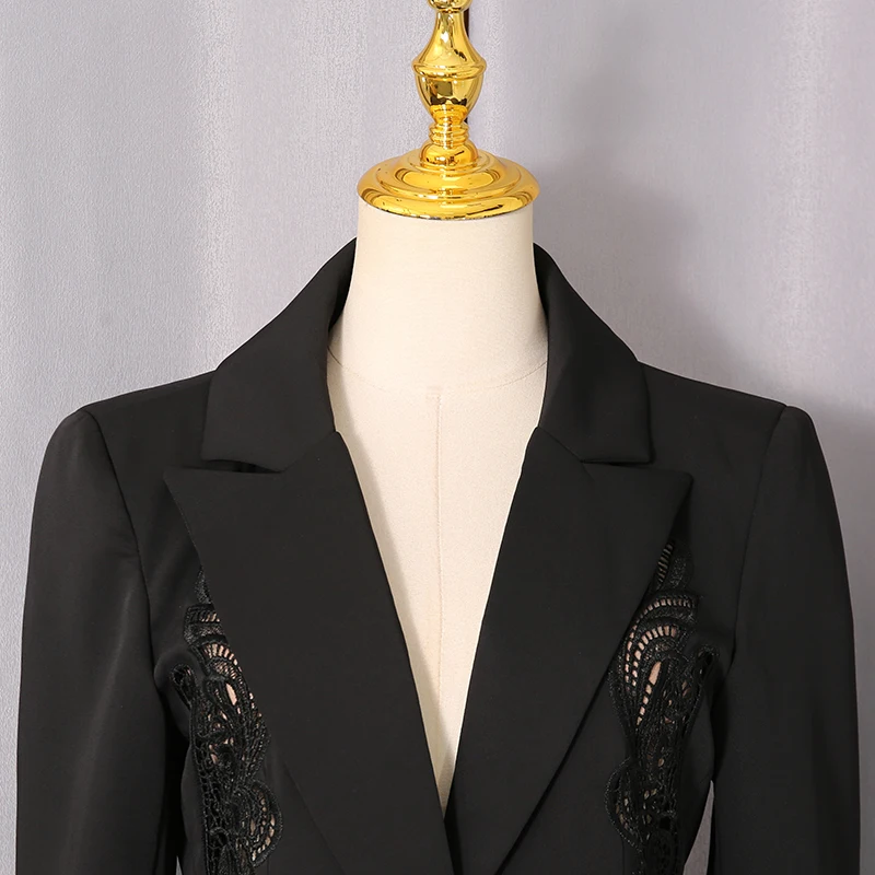 KBQ Temperament Hollow Out Solid Tunic Blazers for Women V Neck Long Sleeve Spliced Button Slimming Jacket Female Fashion New