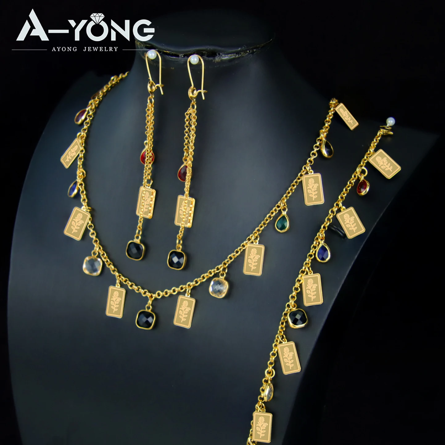Nigerianisches Brautschmuck-Set 21k Vergoldet Arabische Farbige Quadratische Zirkonia-Halskette Algerischer Islamischer Modeschmuck für Frauen – Detail 2