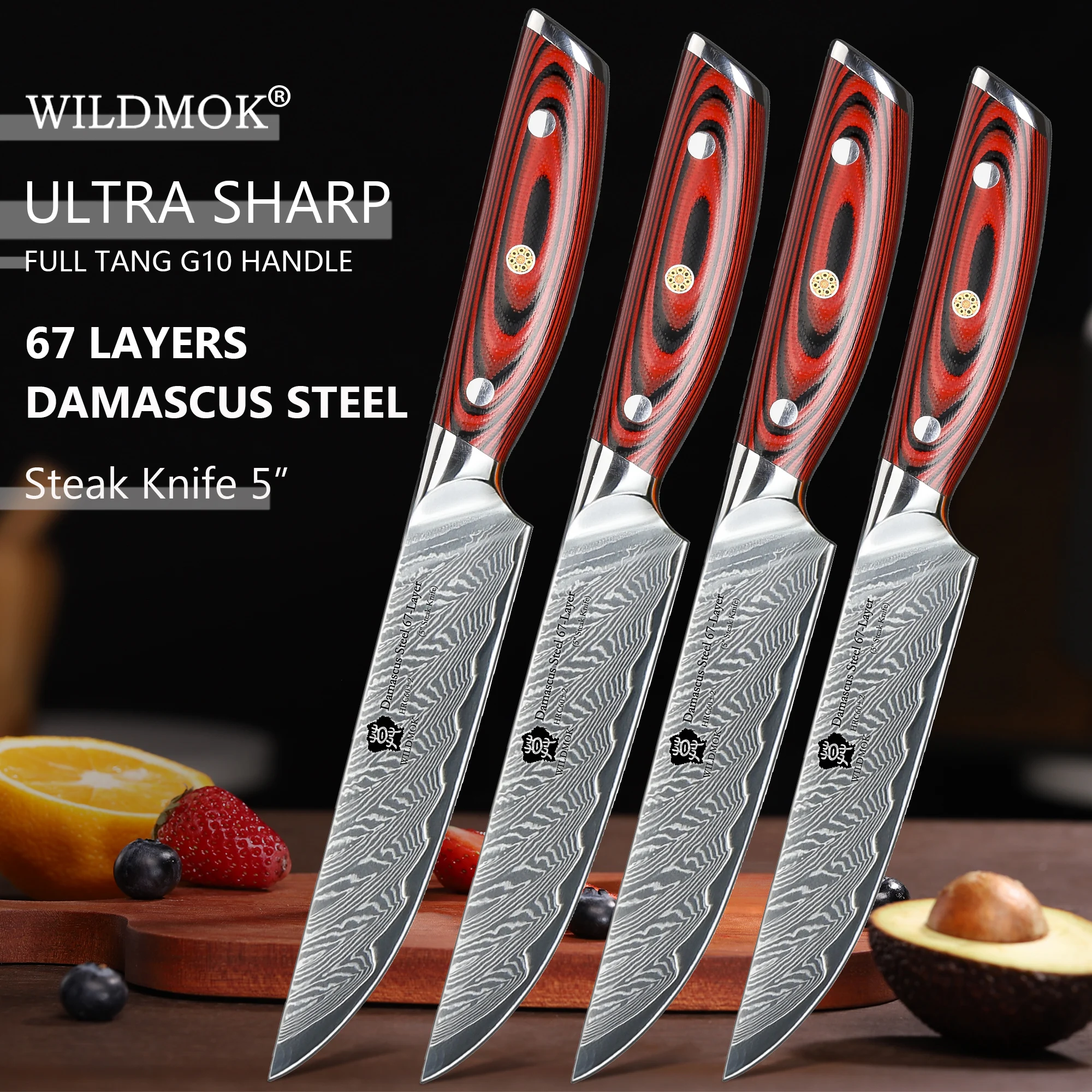 WILDMOK 4-teiliges Damaskus-Steakmesser-Set, japanisches Multifunktions-Küchenmesser aus Super VG10-Stahl mit vollem Tang-G10-Griff