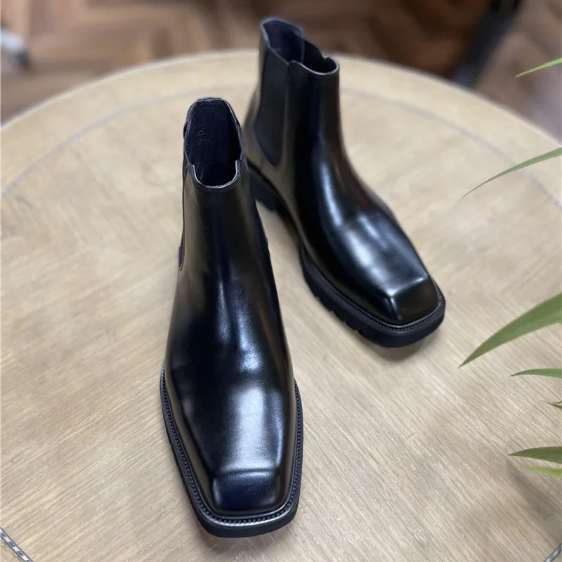 A156 New Luxury Man Short Boots Men\'s Genuine Leather Short Boots Business Dress Shoes Square Toe High Quality Male Footwears