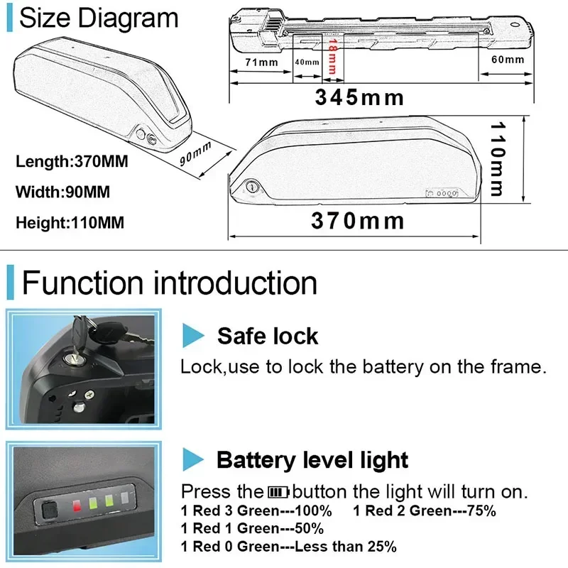 Polly EBike Battery Downtube 36V 48V 52V Electric Battery BMS Original Lithium lon 18650 Battery for 1500W 1000W 500W 350W 250W