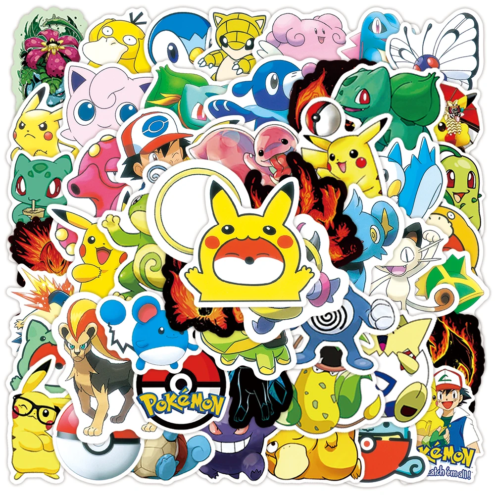 50/100pcs Cute Pokemon Stickers Pikachu Skateboard Scrapbook Car Bicycle Guitar Laptop Waterproof Cartoon Sticker for Kids Toys