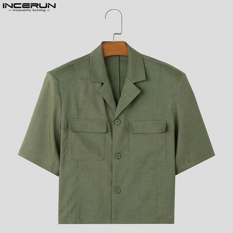 INCERUN Men Blazer Solid Color Lapel Short Sleeve Button Pockets Casual Suits Men Streetwear 2024 Fashion Leisure Blazer S-5XL