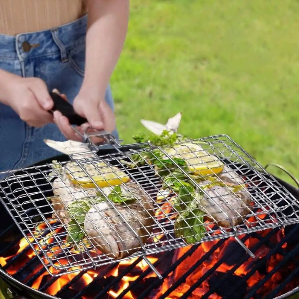 Folding Portable Outdoor Camping Stainless Steel BBQ Rack With Removable Handle Grilling Basket Barbeque Griller Cooking Tools