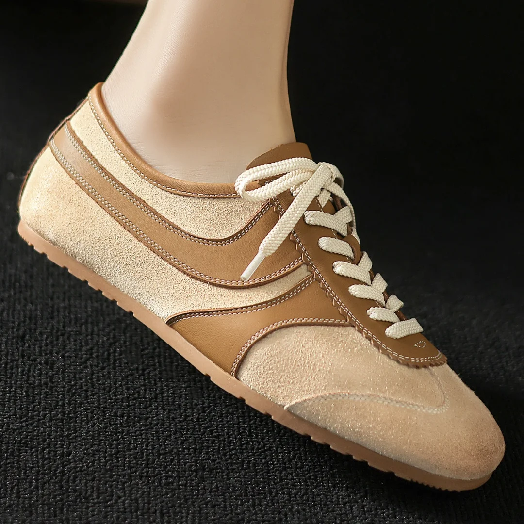 2025 Spring new women\'s genuine leather mix color patchwork lace-up flats sneakers leisure soft comfortable female walk shoes