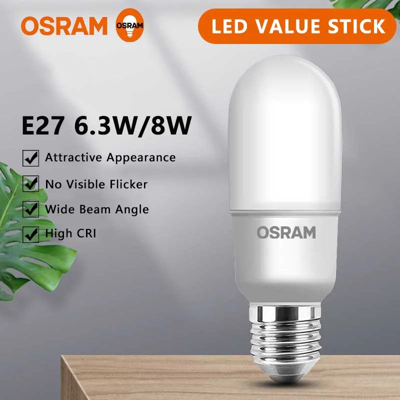 OSRAM LED E27 SticK Bulb 6.3W 8W 220-240V 6500K Day White Lamp LED Value Classic T Shape Lamps Original Home Indoor Light
