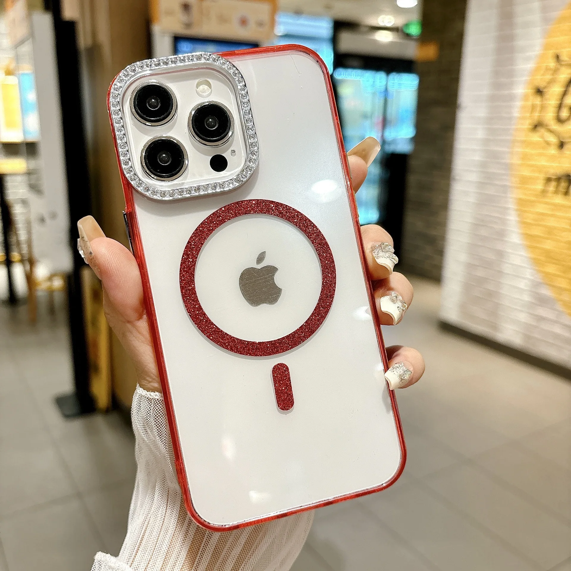 

Clear Bling Glitter Magnetic Magsafe Phone Case for iPhone 16 15 14 13 Plus Pro Max Diamond Camera Side Fashion Cover