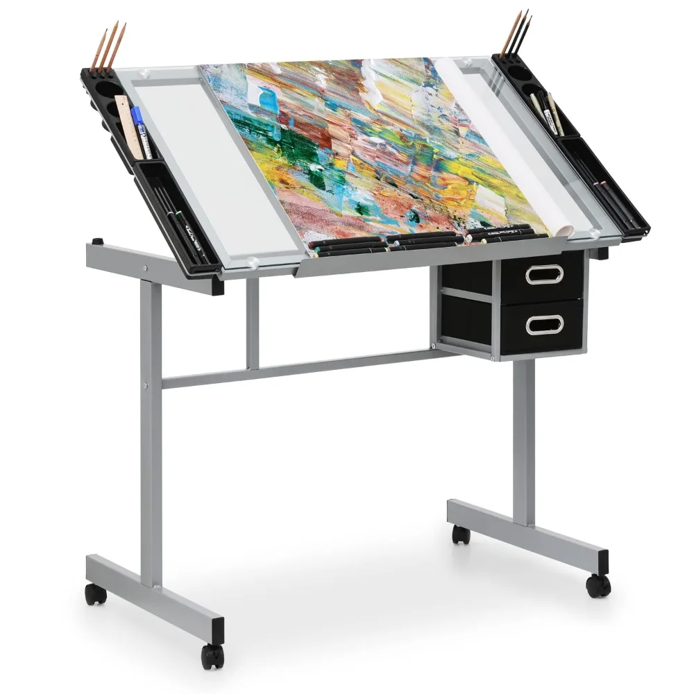 

Drafting Table on Wheels with Storage & Side Tray - Adjustable 0-65° Glass Tabletop, Replaceable Feet Art Desk