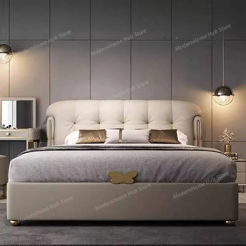 Nordic Unique Beige Bed Couples Designs Modern Luxury King Size Bed Bedroom Double Headboards Camas Matrimoniales Furniture