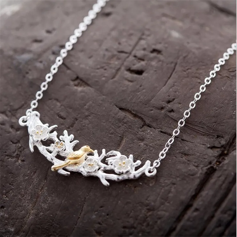 New Animal Fashion Jewelry 925 Sterling Silver Exquisite Plum Flower Cute Branch Bird Clavicle Chain Pendant Necklaces XL230