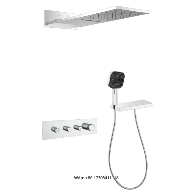 

Brass 3-Function Constant Temperature Concealed Shower Set Wall Mounted Chrome Waterfall Rainforest Button Shower