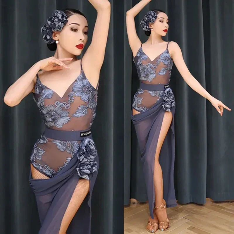 

New Latin Dance Costume Women Flower Embroidery Bodysuit Slit Skirt Rumba Performance Clothes Adult Competition Dress DNV18309