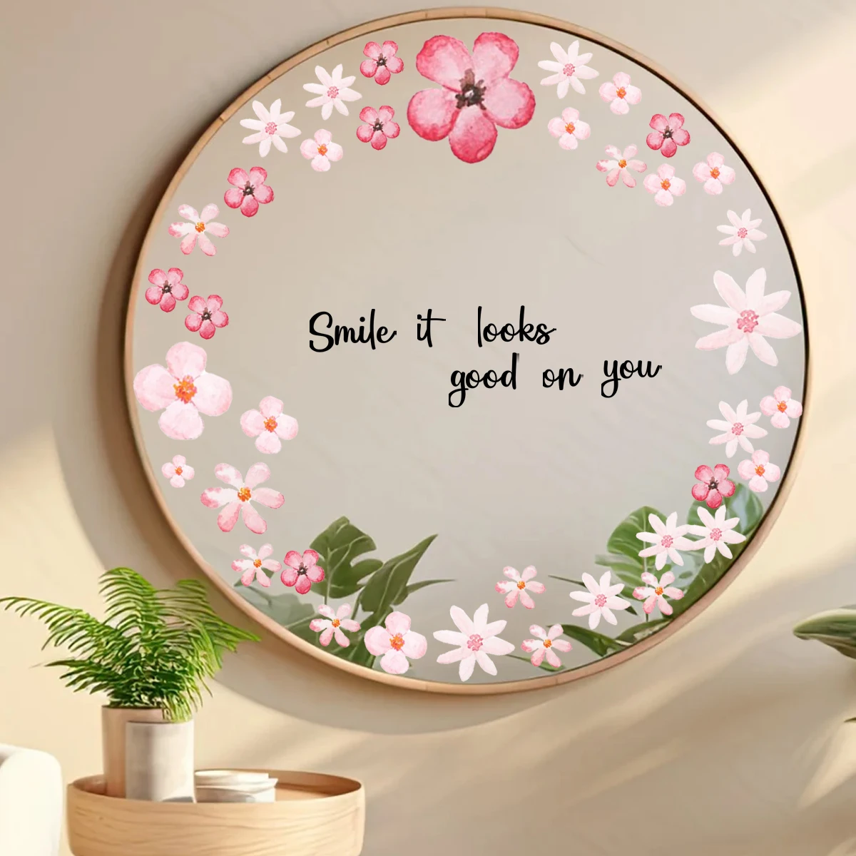 

Flower Inspirational "Smile" Mirror sticker PVC No Adhesive Static Adsorption Removable Girls Room Bedroom Bathroom Glass Decor