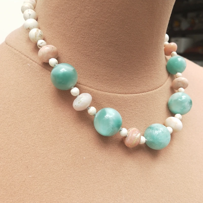 

Lii Ji Real Stone Howlite Pink Opal Green Stone Choker Necklace 50cm Women Jewelry Gift