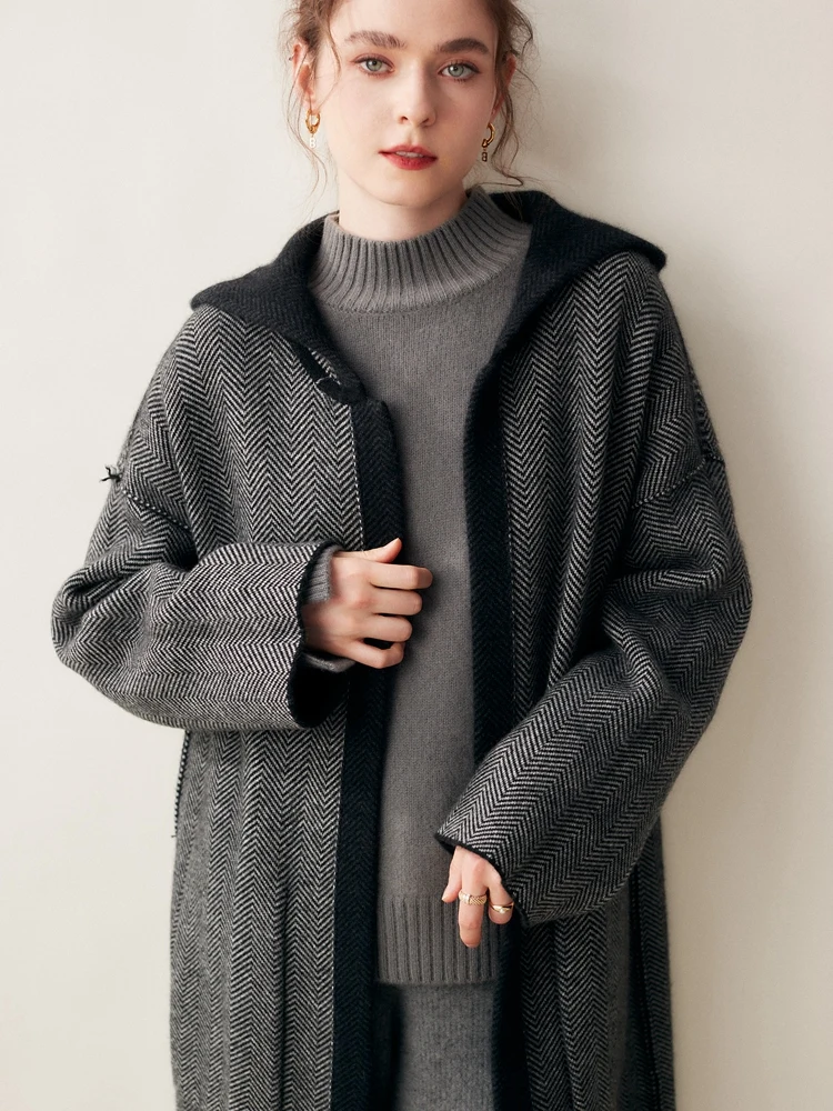 Women Hoodie Cardigan Overcoat 100% Pure Cashmere Sweater Long Sleeve Casual Loose Cashmere Knitted Coat Thick Warm Fashion Tops