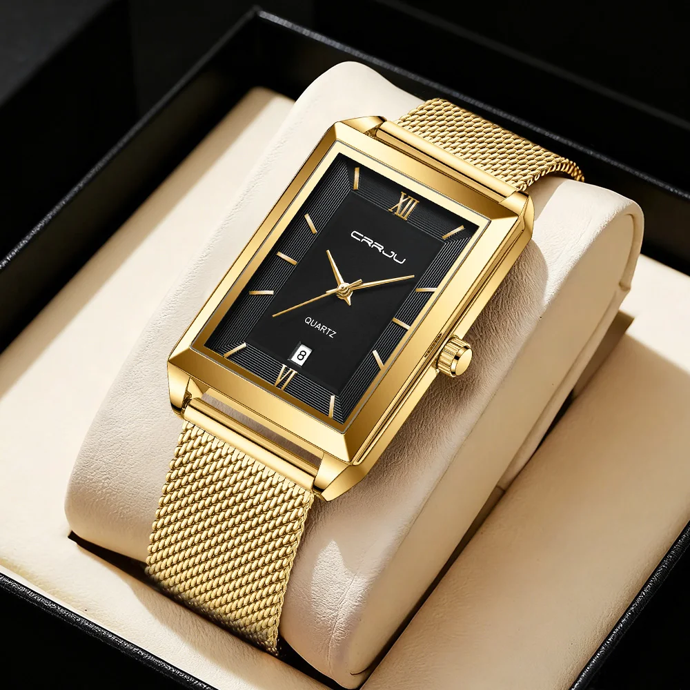 CRRJU Watch Men Top Brand Luxury Square Golden Quartz Stainless Steel Waterproof Wrist Watch Relogio Masculino