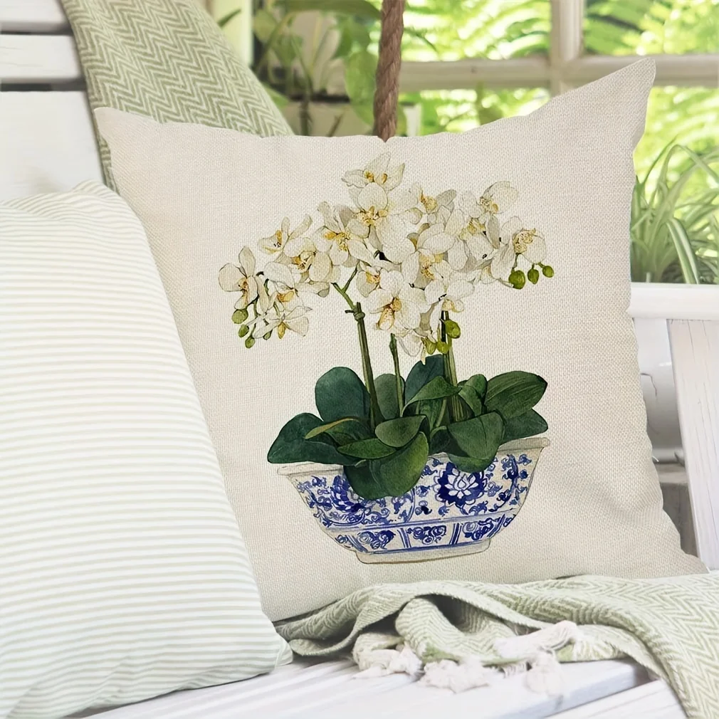 Doppelseitiger Kissenbezug aus weißem Orchideen-Blau-Weiß-Porzellan mit botanischem Druck, dekorativer Kissenbezug für Couch, Heimdekoration