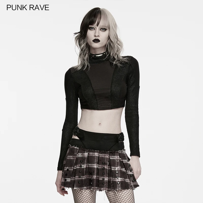 PUNK RAVE Women's Wasteland Ribbed & Cracked Stripe High-neck Cropped T-Shirt Cool Layered V-shaped Splicing Structure Club Top