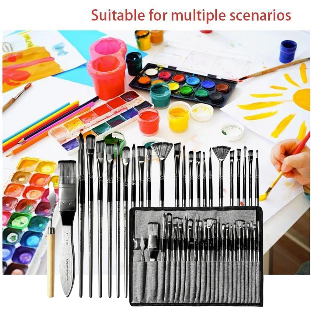 24pcs-nylon-brush-set-oil-painting-brushes-with-scraper-gouache-watercolor-brushes-wooden-handle-acrylic-brushes-for-painting