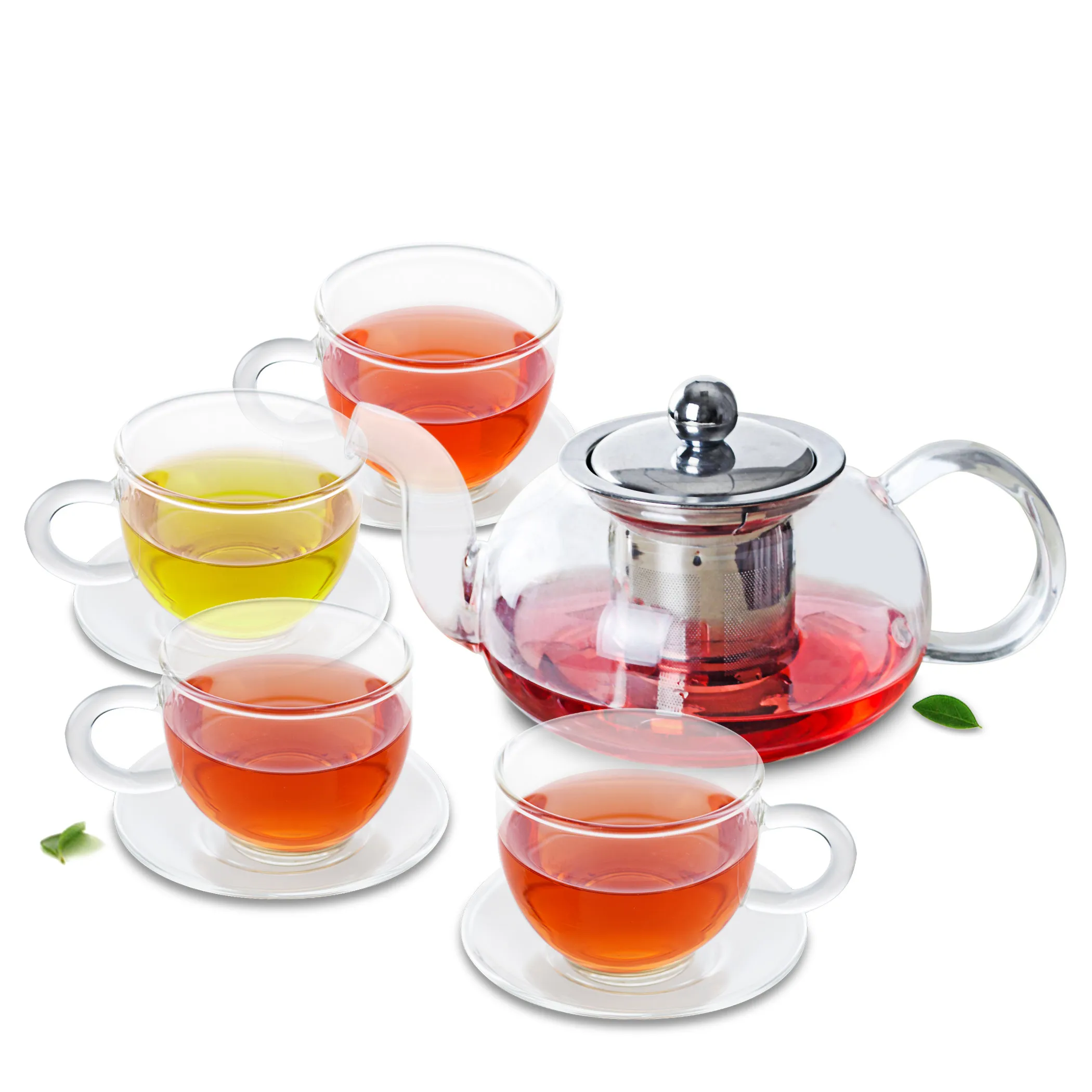 

Tea Set -625ml Heat Resistant Glass Teapot & Strainer & Lid+4x Cups & Saucers