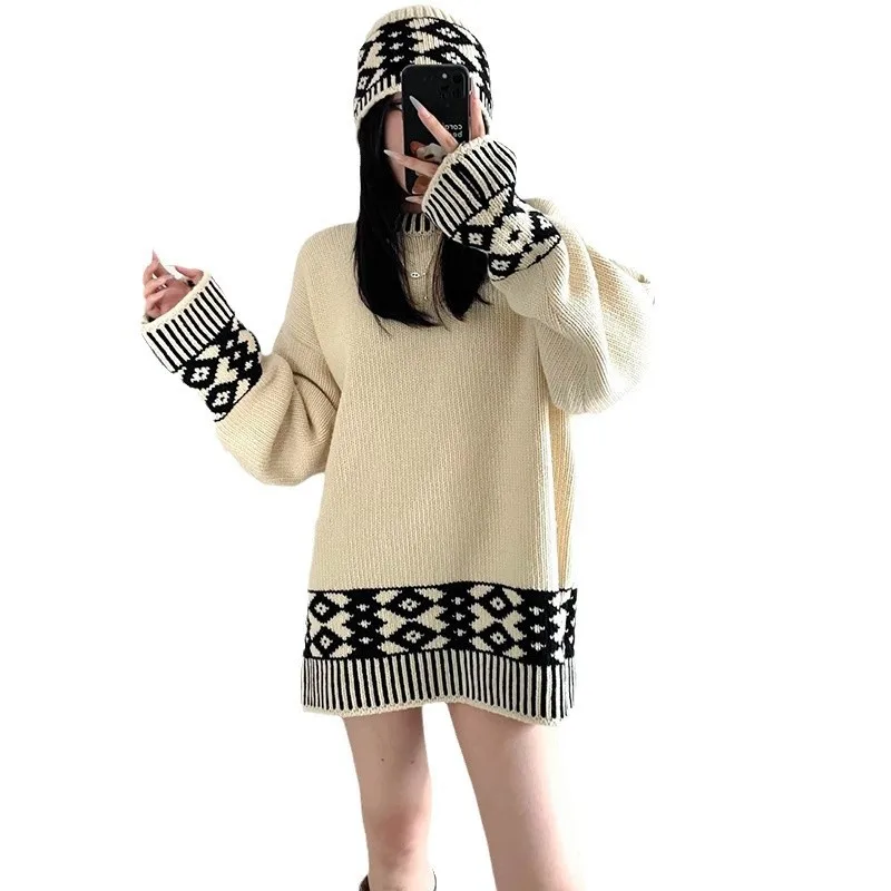 Jacquard Pullover Contrasting Color Sweater for Women's Autumn and Winter New Style Lazy Design Knitted Sweater