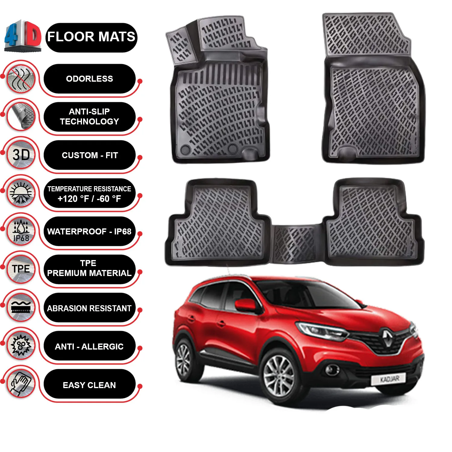 Renault Kadjar - (2015-2022) Floor Mats Liner Waterproof 3D - (Black)