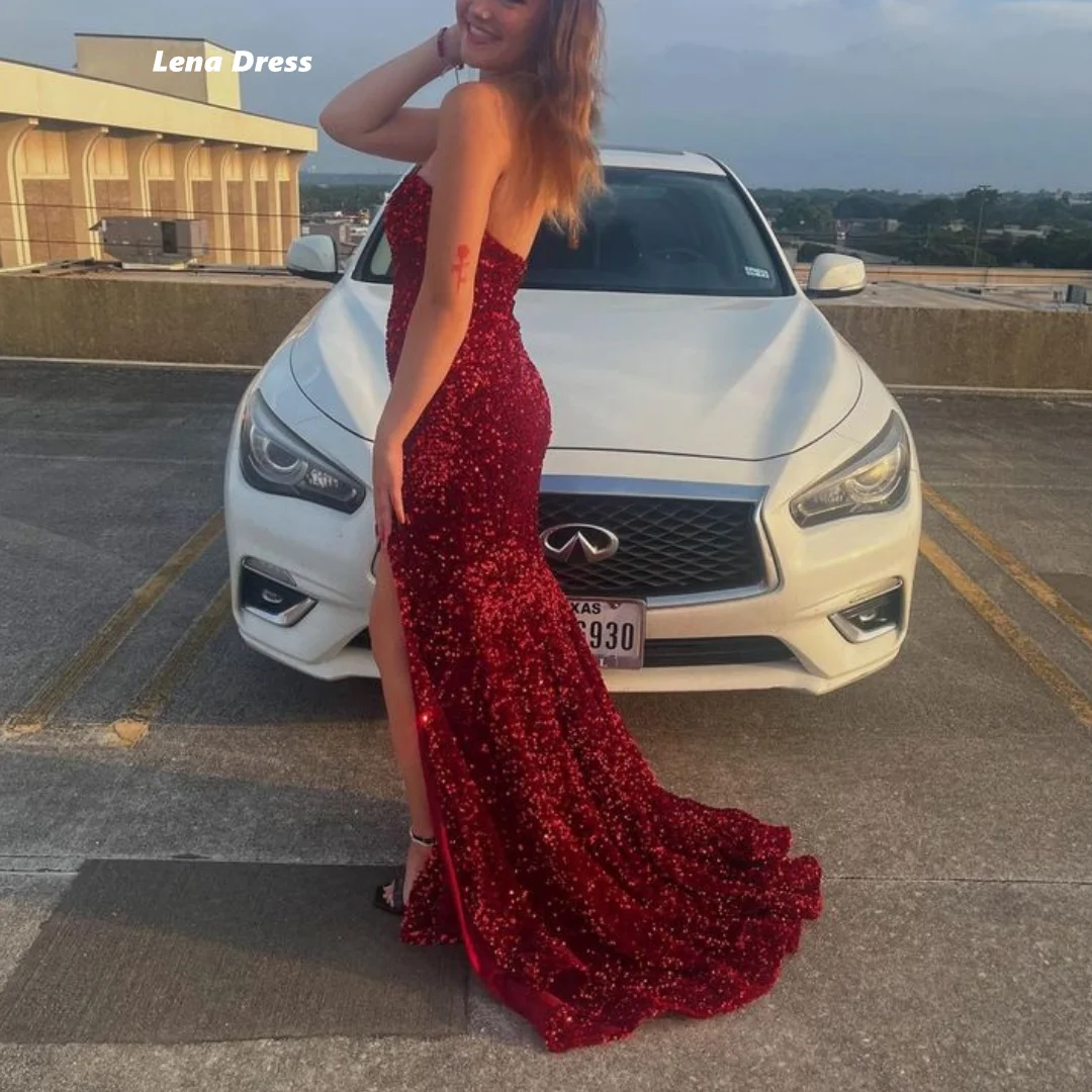 Lena Luxurious Women's Evening Dresses Elegant for Wedding Dress Claret Off the Shoulders Shiny Fishtail Side Slit Ball Gowns