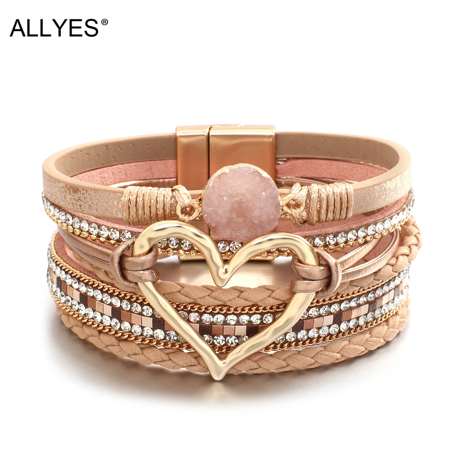 ALLYES Metal Love Heart Charm Leather Bracelets for Women Fashion Rhinestone Braided Wrap Bracelet Bangle Female Jewelry Gfits