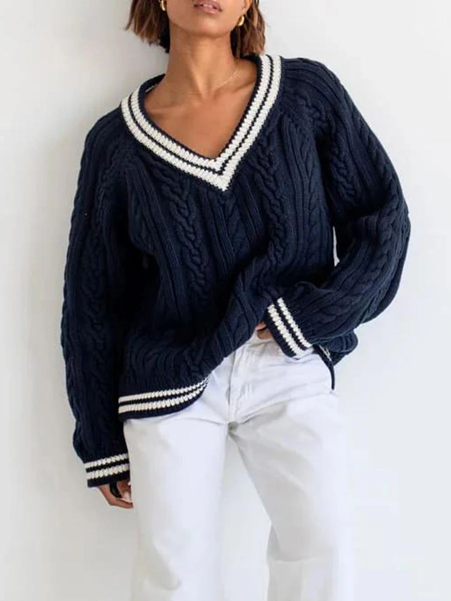 Women s Cable Knit Sweater Loose Contrast Trim V Neck Long Sleeve Pullover Tops for Fall Winter