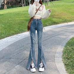 Flare Jeans Women Vintage Casual Slim Fit Autumn Ripped Korean Style Simple New Folds Femme Ruched Long Trousers Bandage Washed