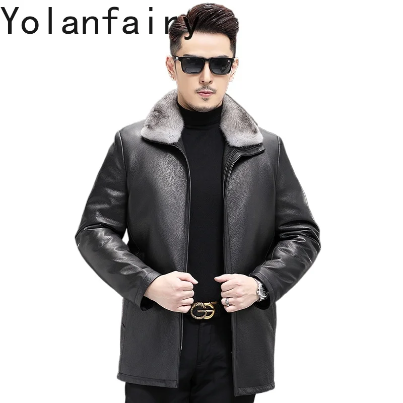 

YOLANFAIRY Genuine Leather Goat Skin Coat Winter Jacket for Men 90% White Duck Down Liner Mink Fur Collar Jackets Veste Homme