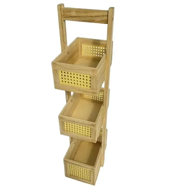 Bamboo Rattan Basket Portable Bathroom Bamboo Rattan Shelf Free-standing Bamboo Ladder Storage Rack