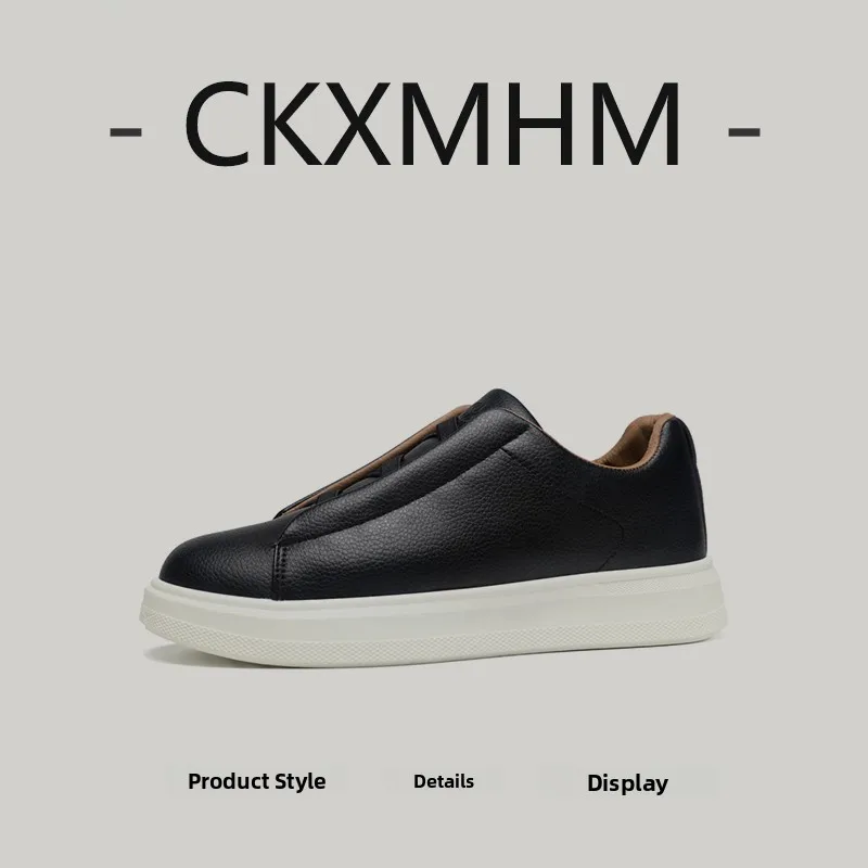 CKXMHM 2026 Autumn New Lazy One-Step Casual Board Shoes Men's All-Season Versatile Leather Surface Bread Shoes Comfortable Wear