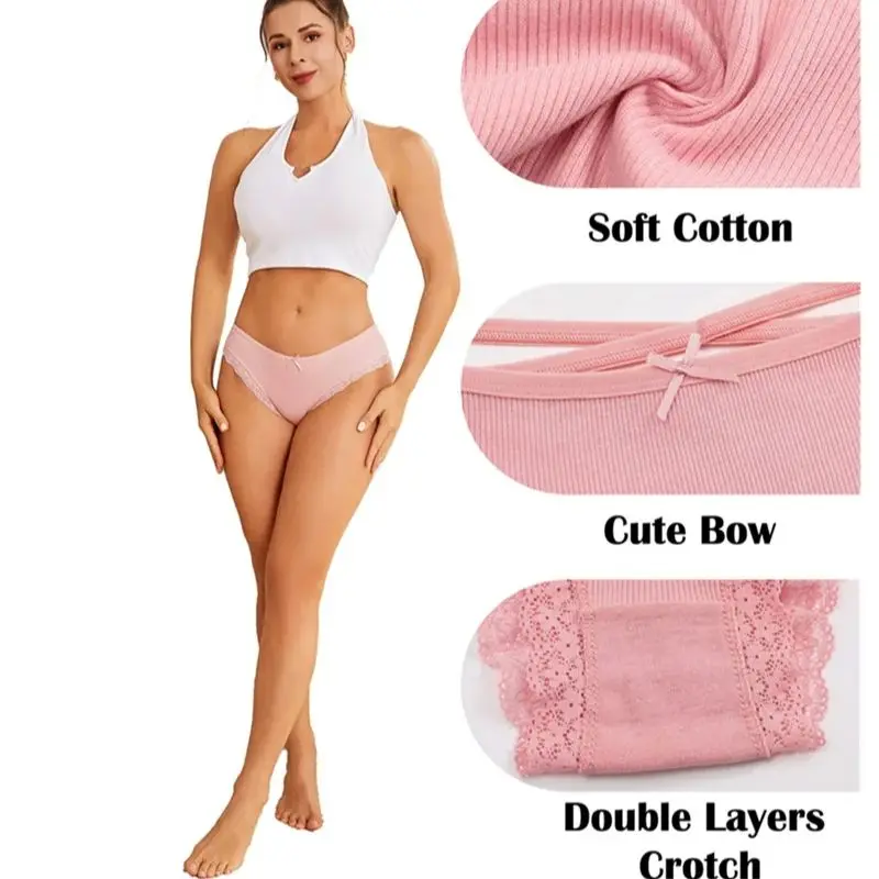 3 PCS / Sets Womens Cotton Underwear With Bow Sexy Lace Edge Bikini Panties Low Rise Soft Stretch Ladies Cotton Cheeky Hipster