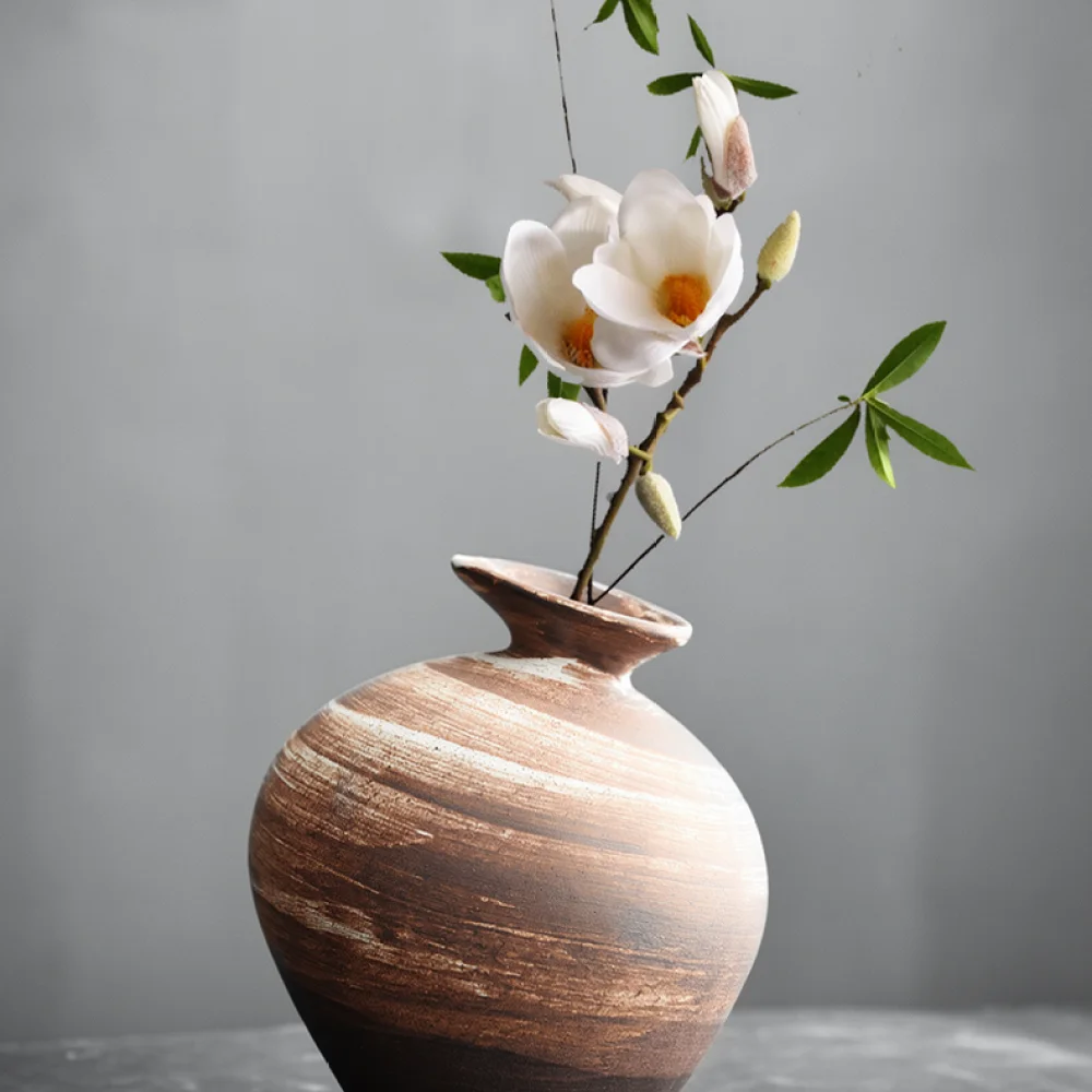 Rustic Handcrafted Ceramic Vase Pottery Jar European Minimalist Style Flower Container For Home Office Desktop Plant Pot