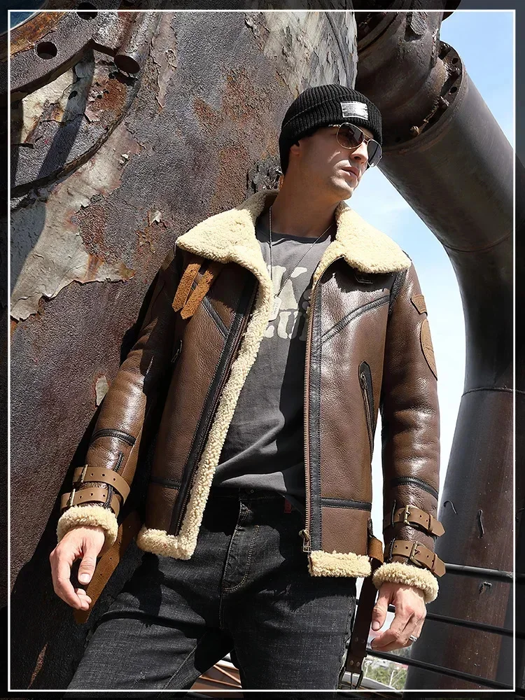 AYUNSUE Sheep Shearling Jacket Men's Genuine Leather Men Motorcycle Aviation Flight Natural Wool Fur Coat 8156