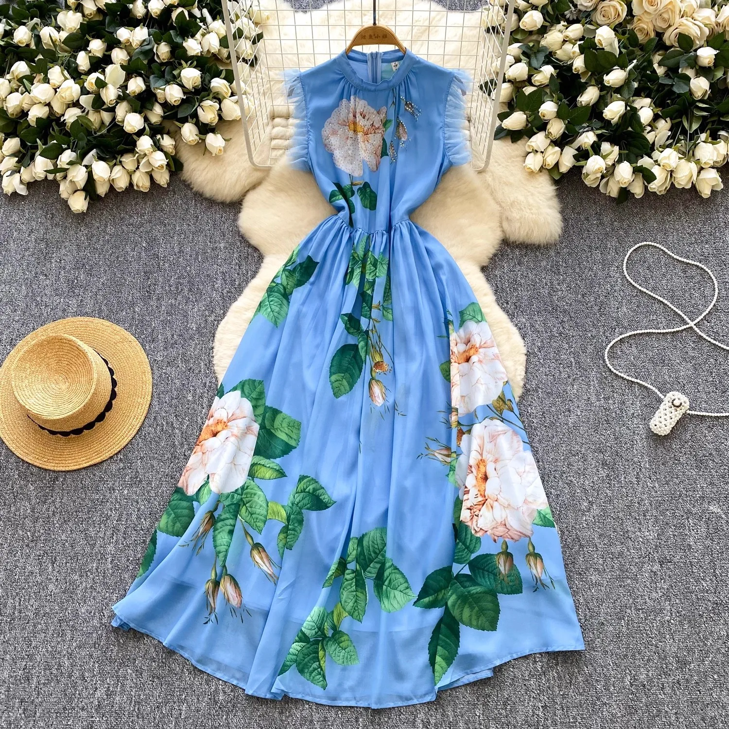 

Fashion Women's Sequins Spliced Long Dress Stand Flying Sleeve High Waist Patchwork Mesh Dresses 2025 New Summer Clothing