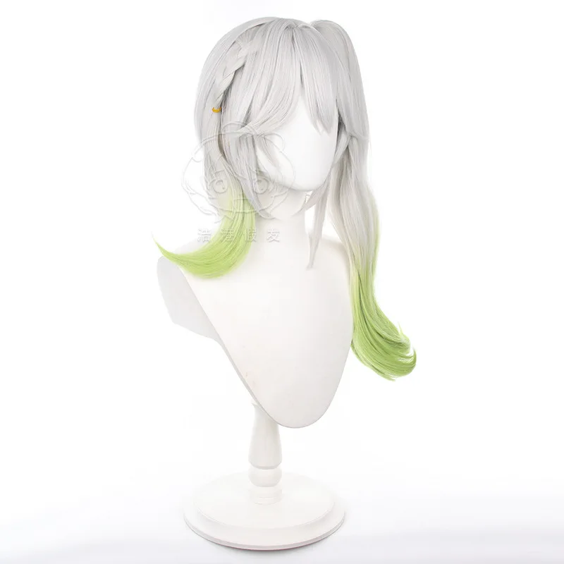 Nahida Cosplay Wig Genshin Impact Costume Accessories Woman Silver Gradient Green Detachable Ponytail Hair Halloween Stage Props