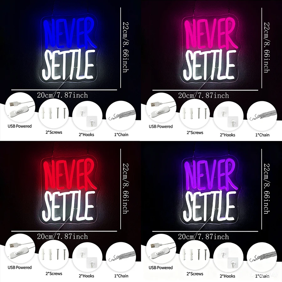 Multi-Color Never Settle Neon Sign For Wall Decor,Light Up Sign For Bedroom,Office,Gym Decor,Man Cave,Classroom,Gift For Friends