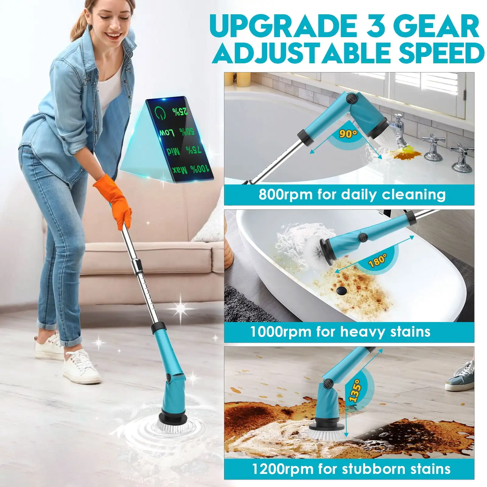 Electric Spin Scrubber 21V Cordless Cleaning Brush 1200RPM with Adjustable Extension Arm 8 Replaceable Cleaning Heads for Home