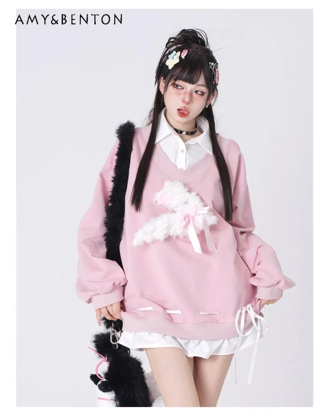 

Весна и осень 2024, новая горячая распродажа, субкультура Y2K, милая милая розовая свободная повседневная толстовка с v-образным вырезом и бантом для девочек